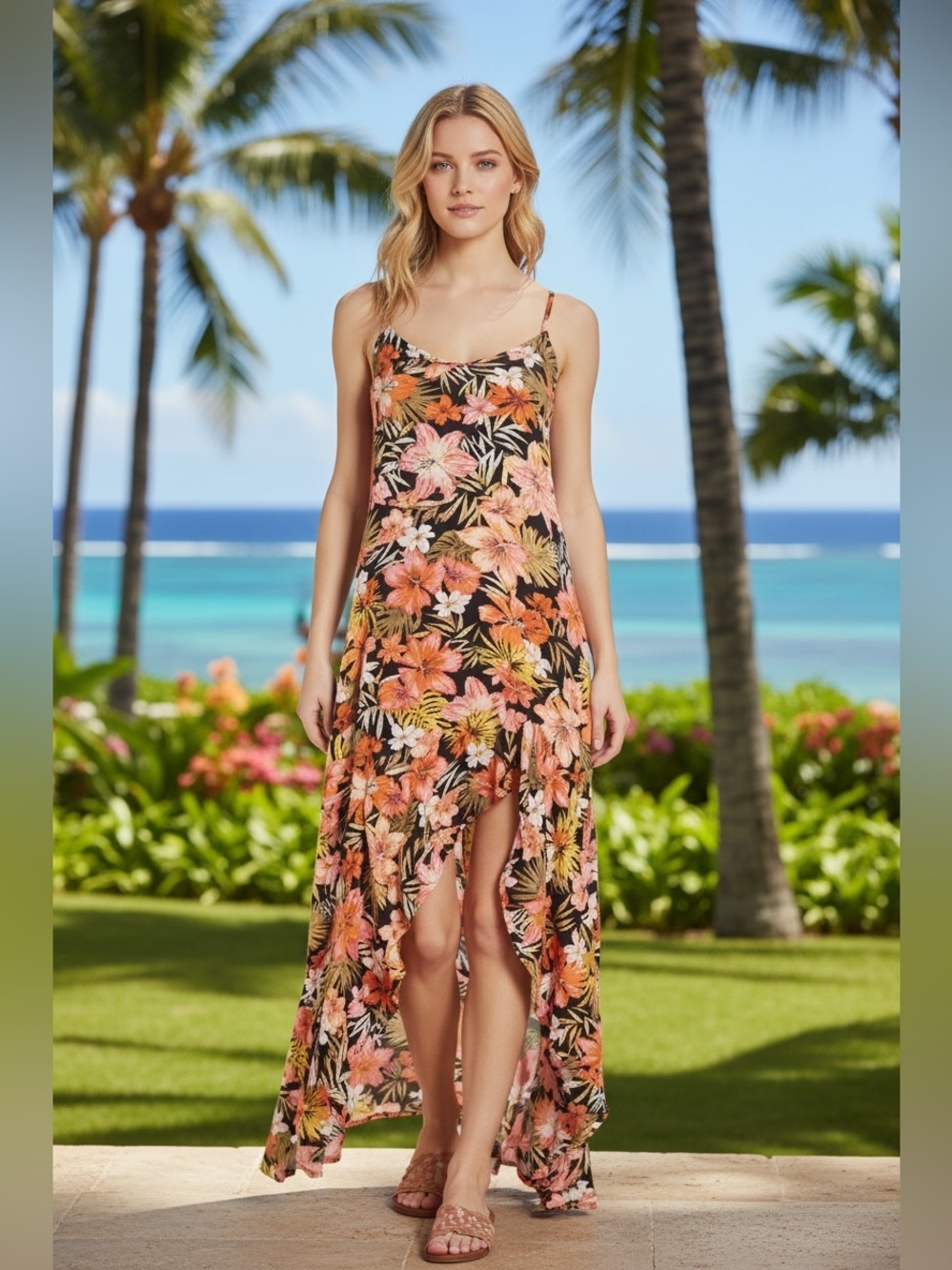 Billabong Kick It Up Maxi Dress Spaghetti Straps Floral Tropical Boho Hawaii L